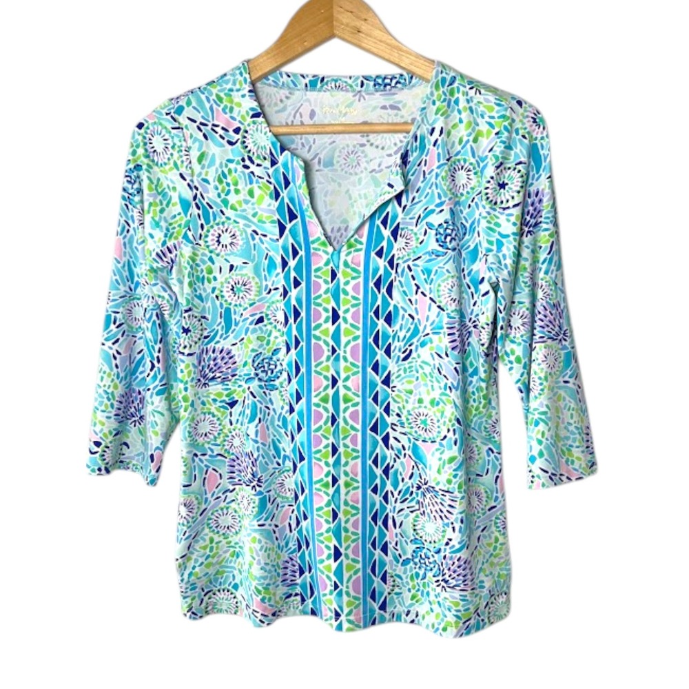 Lilly Pulitzer Womens Medium Blue Green Floral Meryl Nylon Stretch Tunic Top M